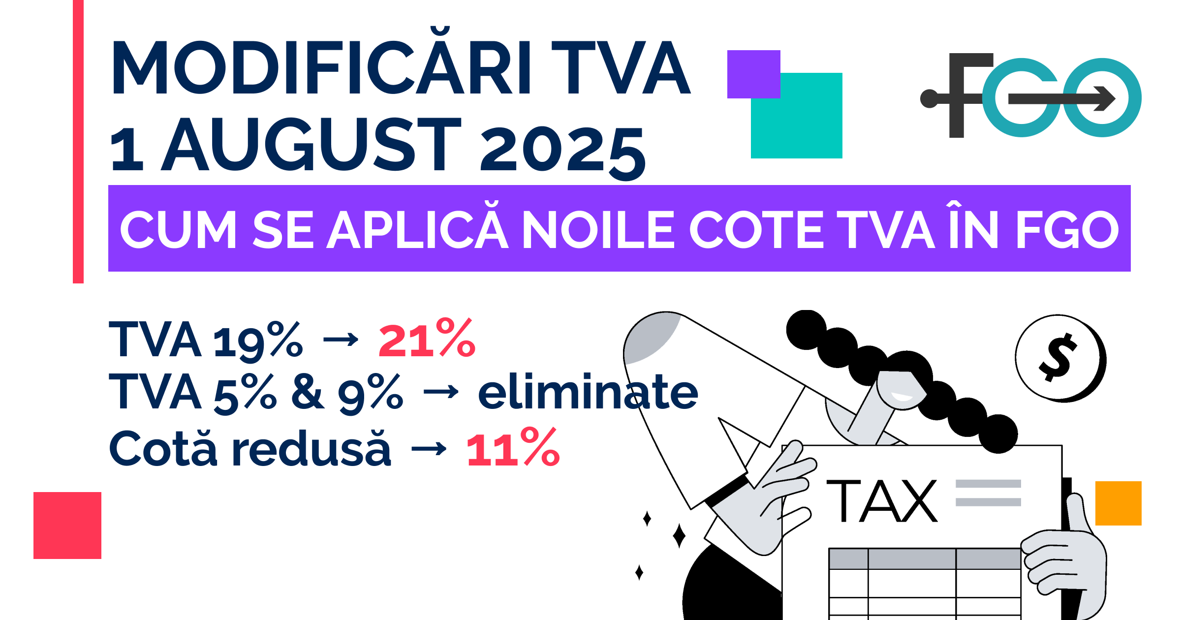 Noile cote TVA de la 1 august. Cum se aplică în FGO